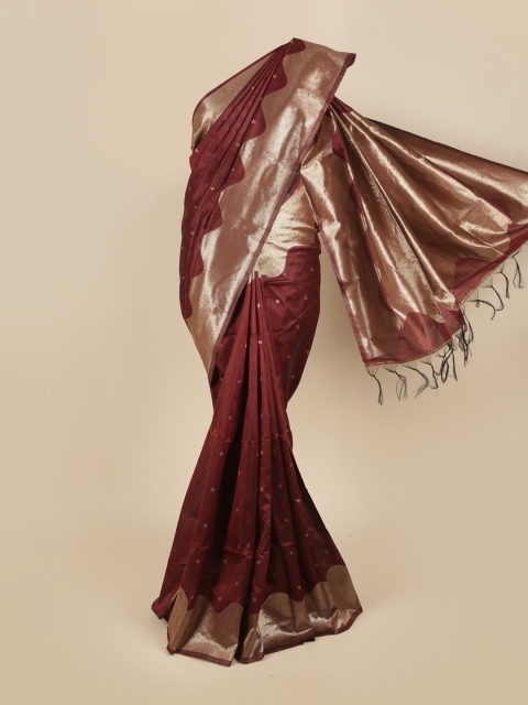 

Pothys Maroon & Silver-Toned Jute Silk Woven Designed Saree