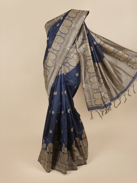 

Pothys Navy Blue & Gold-Toned Ethnic Motifs Jute Silk Saree