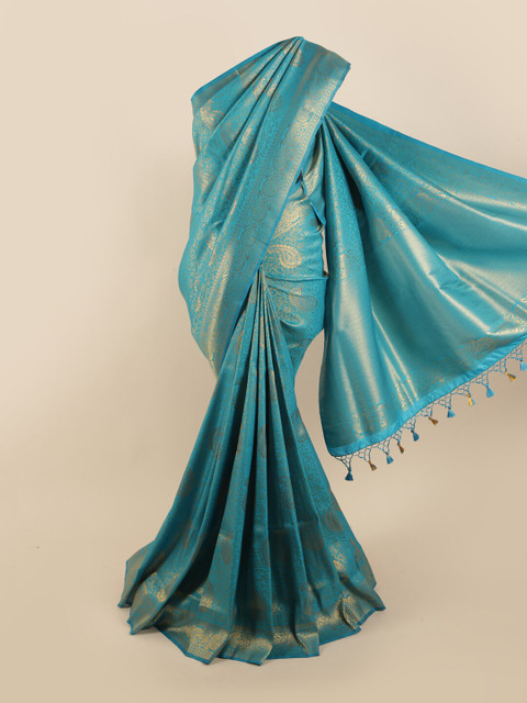 

Pothys Blue & Silver-Toned Woven Design Zari Pure Silk Banarasi Saree