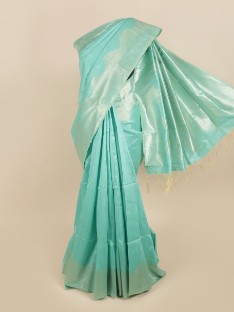 

Pothys Turquoise Blue & Silver-Toned Woven Design Jute Silk Saree