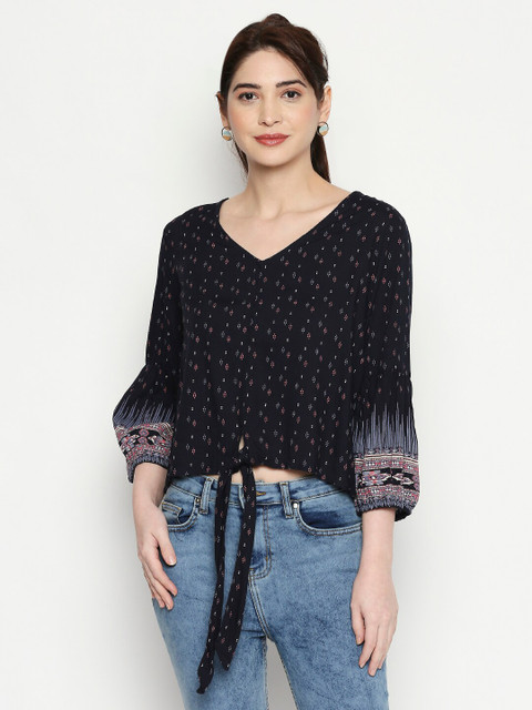 

People Women Navy Blue & White Geometric Printed Bishop Sleeves Top