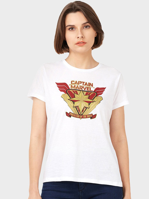 

Free Authority Captain Marvel Featured Women White & Red Printed Cotton T-shirt