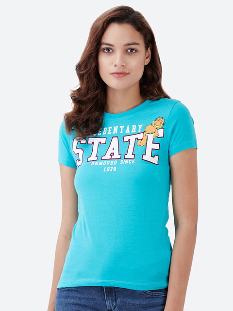 

Free Authority Women Blue & White Typography Garfield Printed T-shirt
