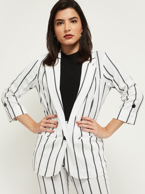 

max Women White & Black Striped Single-Breasted Blazer