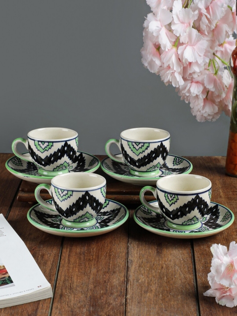 

VarEesha Off White & Green Handcrafted and Hand Painted Printed Ceramic Glossy Cups and Saucers Set of Cups and Mugs