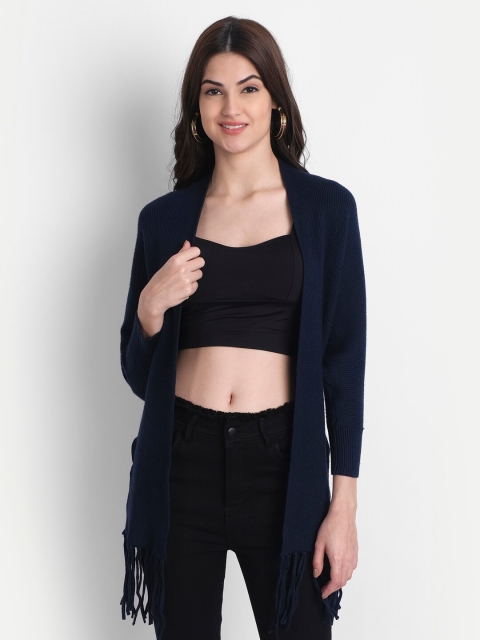 

HK colours of fashion Women Navy Blue Solid Wool Longline Cardigan