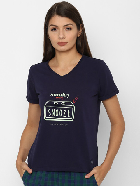 

Allen Solly Woman Women Navy Blue & White Typography Printed V-Neck T-shirt
