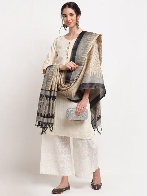 

TAG 7 Beige & Black Printed Cotton Silk Ikat Dupatta