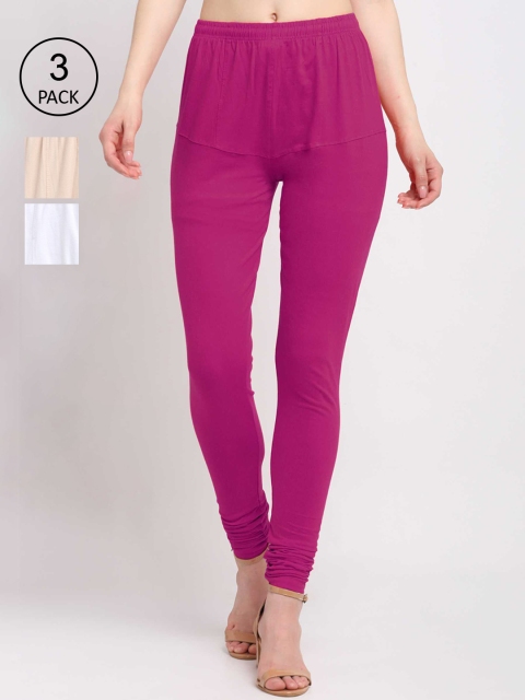 

KLOTTHE Women Pack Of 3 Solid Cotton Churidar-Length Leggings, Pink