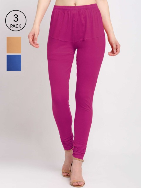 

KLOTTHE Women Pack Of 3 Solid Cotton Churidar-Length Leggings, Pink