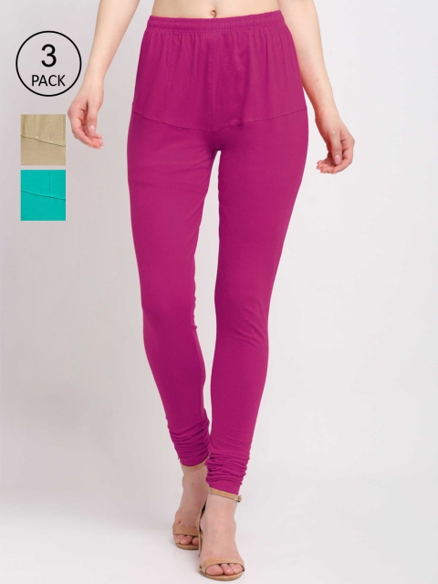 KLOTTHE Women Pack Of 3 Solid Cotton Churidar-Length Leggings, Pink