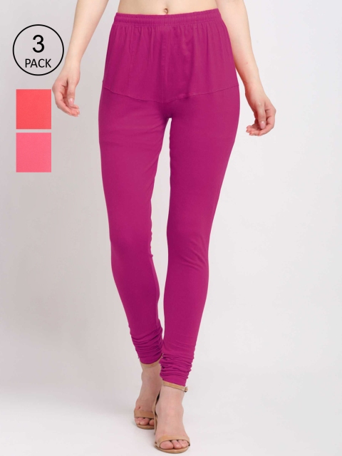 

KLOTTHE Women Pack Of 3 Solid Cotton Churidar-Length Leggings, Pink