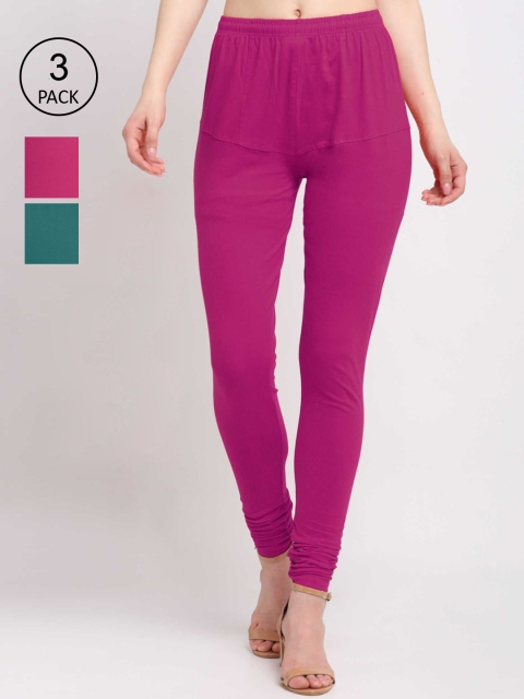 

KLOTTHE Women Pack Of 3 Solid Cotton Churidar-Length Leggings, Magenta