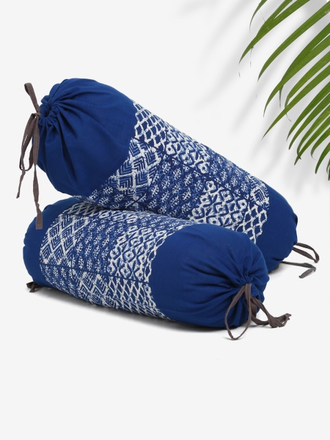 

Rajasthan Decor Set Of 2 Blue & White Screen Print Cotton Bolster Covers