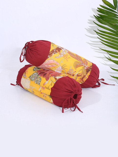 

Rajasthan Decor Set Of 2 Yellow & Maroon Printed Cotton Bolster Covers