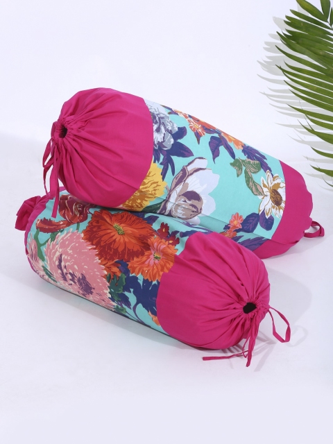 

Rajasthan Decor Set Of 2 Pink & Blue Printed Cotton Bolster Covers