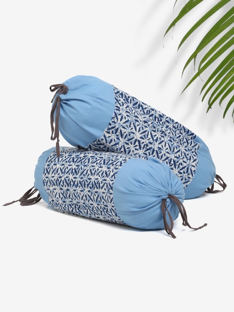 

Rajasthan Decor Set Of 2 Blue & White Screen Print Cotton Bolster Covers
