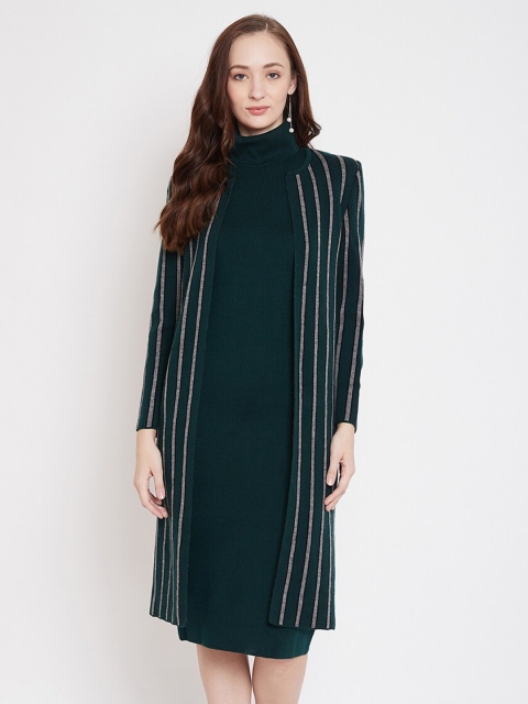

Madame Women Green Striped Front-Open Longline Sweater