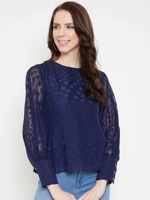 

Madame Navy Blue Self Design Cuffed Sleeve Blouson Top