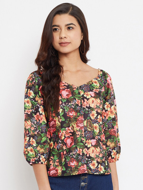 

Madame Black & Green Floral Regular Top