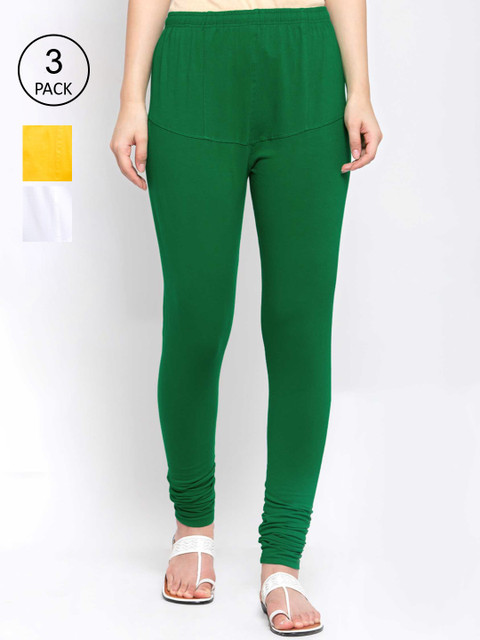 

KLOTTHE Women Pack Of 3 Solid Cotton Churidar-Length Leggings, Green
