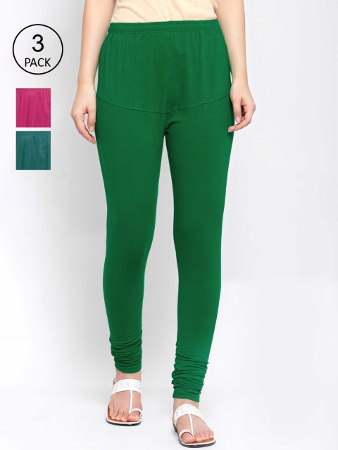 

KLOTTHE Women Pack Of 3 Solid Cotton Churidar-Length Leggings, Green