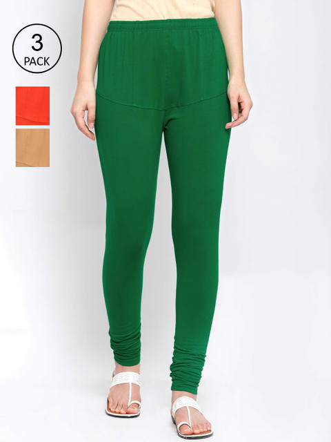 

KLOTTHE Women Pack Of 3 Solid Cotton Churidar-Length Leggings, Green