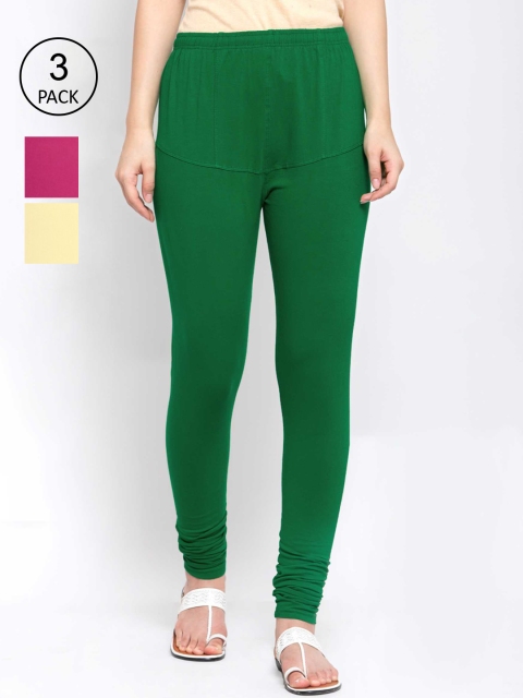 

KLOTTHE Women Pack Of 3 Solid Cotton Churidar-Length Leggings, Green