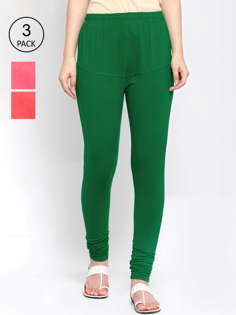 

KLOTTHE Women Pack Of 3 Solid Cotton Churidar-Length Leggings, Pink