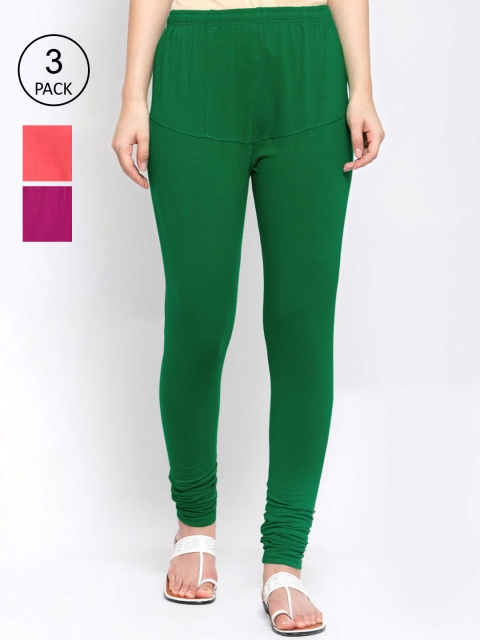 

KLOTTHE Women Pack Of 3 Solid Cotton Churidar-Length Leggings, Green