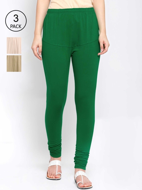 

KLOTTHE Women Pack Of 3 Solid Cotton Churidar-Length Leggings, Green
