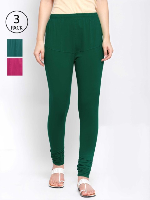 

KLOTTHE Women Pack Of 3 Solid Cotton Churidar-Length Leggings, Green