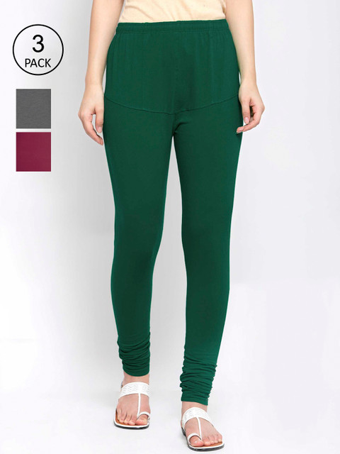 

KLOTTHE Women Pack Of 3 Solid Cotton Churidar-Length Leggings, Green