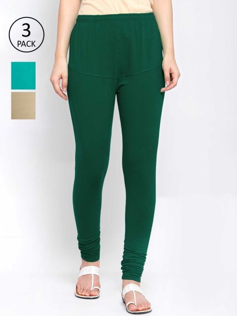 

KLOTTHE Women Pack Of 3 Solid Cotton Churidar-Length Leggings, Green