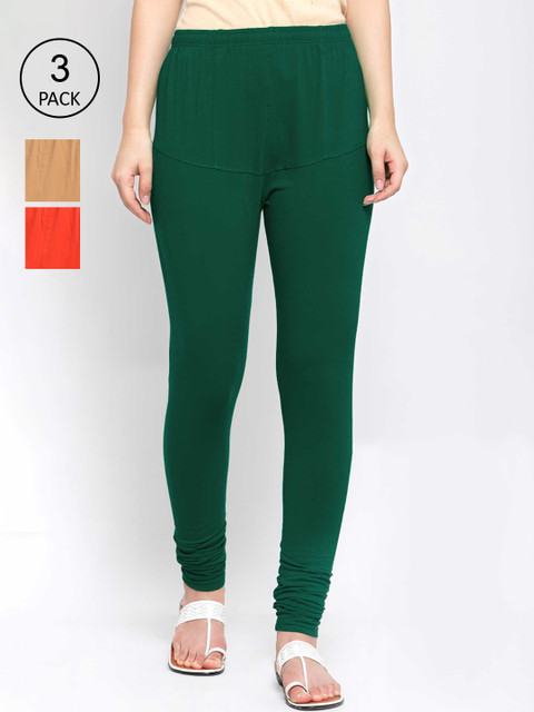 

KLOTTHE Women Pack Of 3 Solid Cotton Churidar-Length Leggings, Green