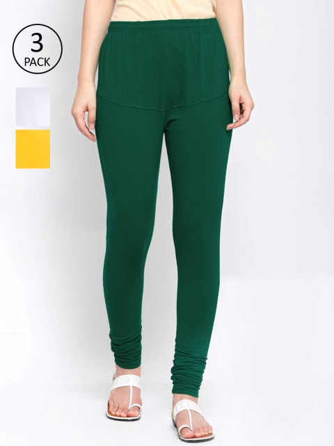 

KLOTTHE Women Pack Of 3 Solid Cotton Churidar-Length Leggings, Green