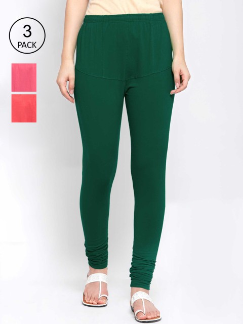 

KLOTTHE Women Pack Of 3 Solid Cotton Churidar-Length Leggings, Green