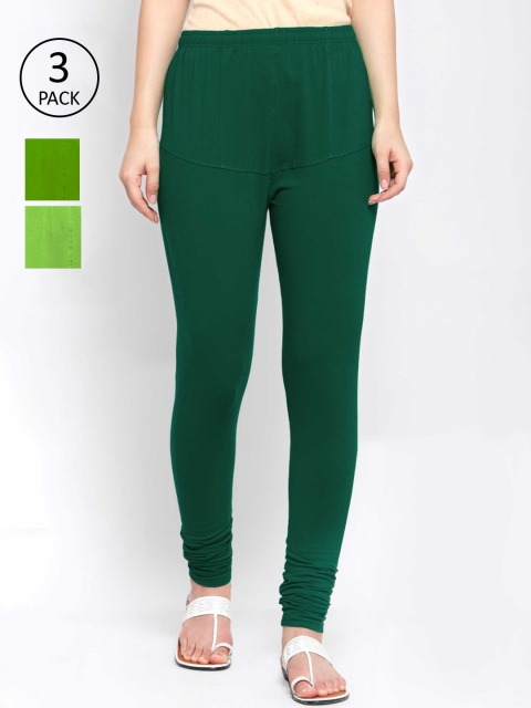 

KLOTTHE Women Pack Of 3 Solid Cotton Churidar-Length Leggings, Green