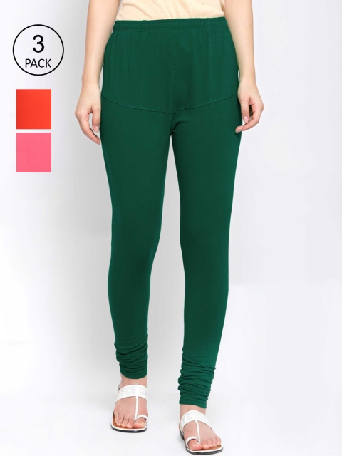 

KLOTTHE Women Pack Of 3 Solid Churidar-Length Cotton Leggings, Green