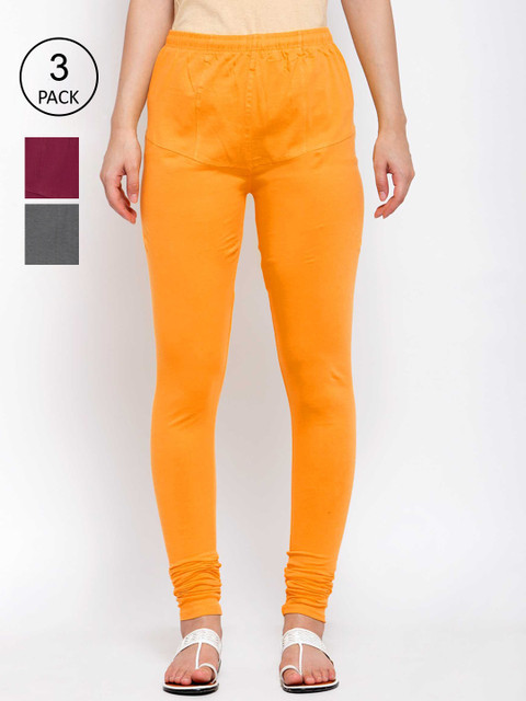 

KLOTTHE Women Pack Of 3 Solid Cotton Churidar-Length Leggings, Orange