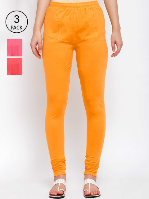 

KLOTTHE Women Pack Of 3 Solid Cotton Churidar-Length Leggings, Yellow