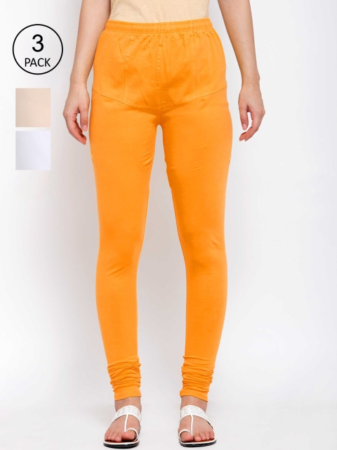 

KLOTTHE Women Pack Of 3 Solid Cotton Churidar-Length Leggings, Yellow