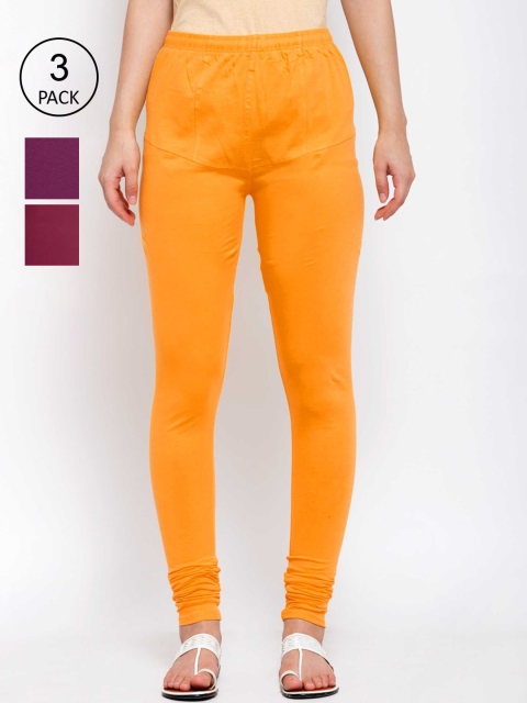 

KLOTTHE Women Pack Of 3 Solid Cotton Churidar-Length Leggings, Orange