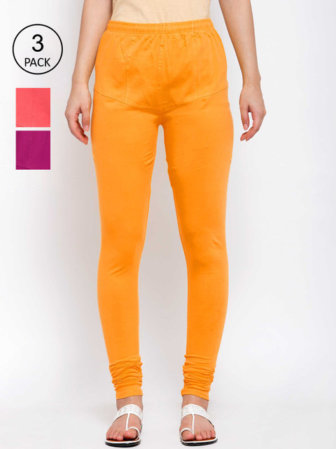 

KLOTTHE Women Pack of 3 Solid Cotton Churidar-Length Leggings, Coral