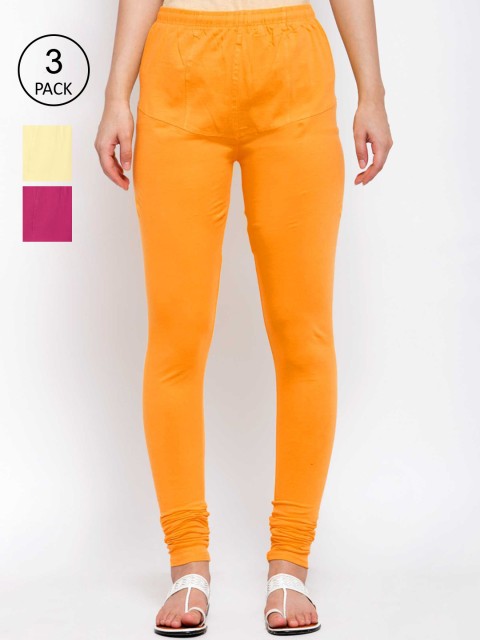 

KLOTTHE Women Pack Of 3 Solid Cotton Churidar-Length Leggings, Yellow