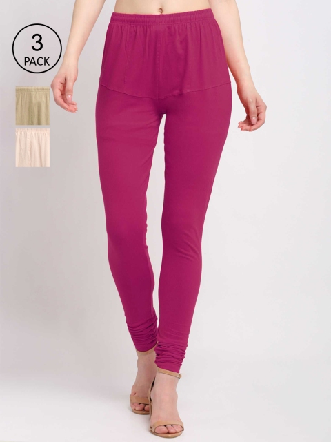 

KLOTTHE Women Pack Of 3 Solid Cotton Churidar-Length Leggings, Pink