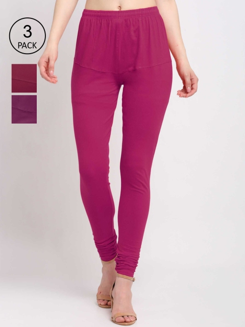 

KLOTTHE Women Pack of 3 Solid Cotton Churidar-Length Leggings, Maroon