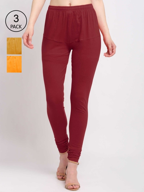 

KLOTTHE Women Pack Of 3 Solid Cotton Churidar-Length Leggings, Maroon