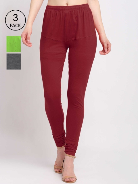 

KLOTTHE Women Pack Of 3 Solid Cotton Churidar-Length Leggings, Maroon