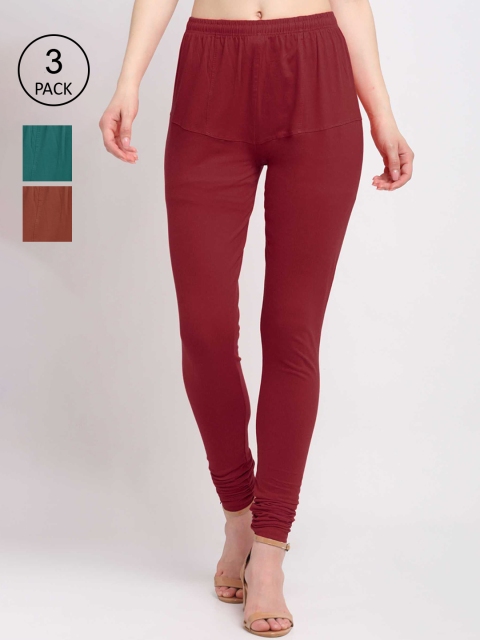 

KLOTTHE Women Pack of 3 Solid Cotton Churidar-Length Leggings, Maroon